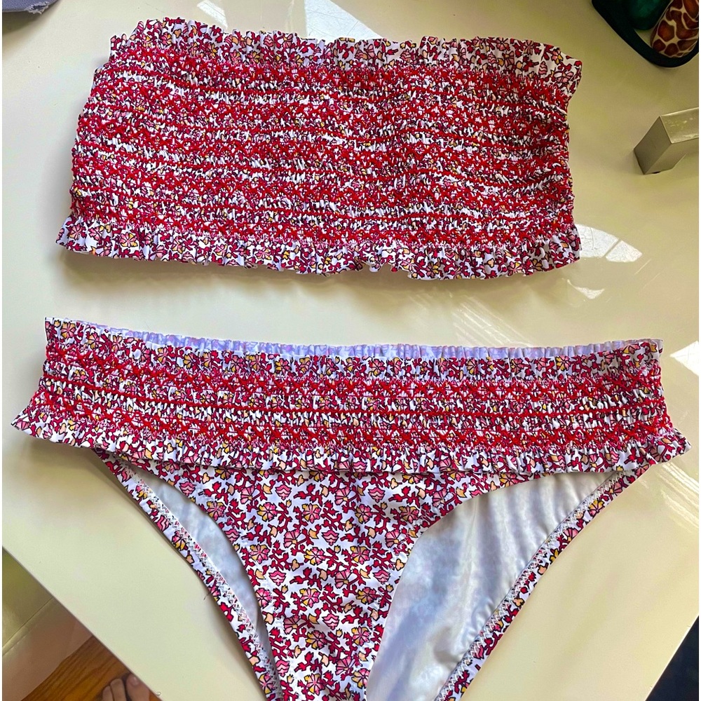 Tory Burch ruffle trimmed shirred printed mid rise bikini